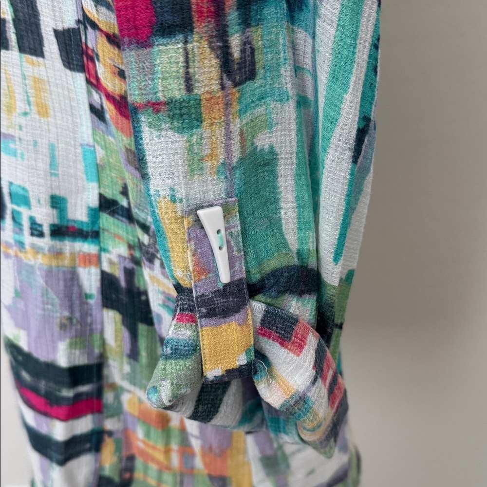 Ali Miles Colorful Abstract Print Blouse with fold sleeve & side slit pockets L - Picture 2 of 8